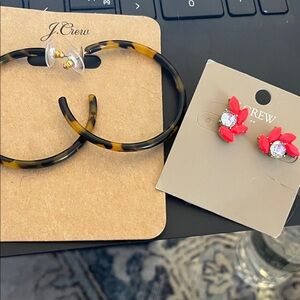 J. Crew Tortoiseshell Hoop Earrings with Coral Pink Crystal Studs